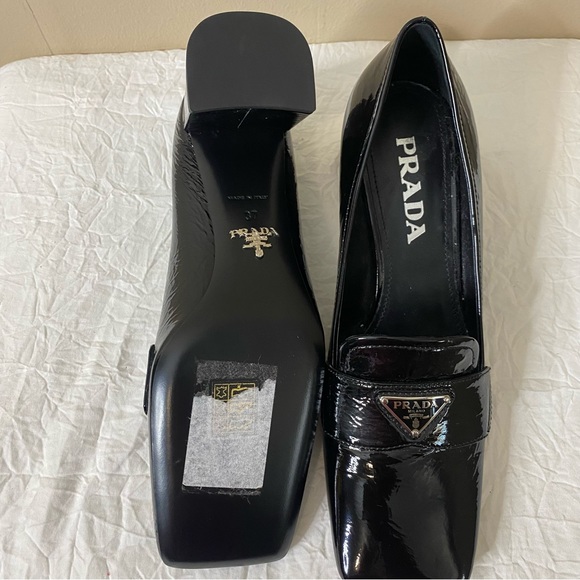 Prada Triangle-plaque square-toe black heeled patent leather loafers - Picture 3 of 11